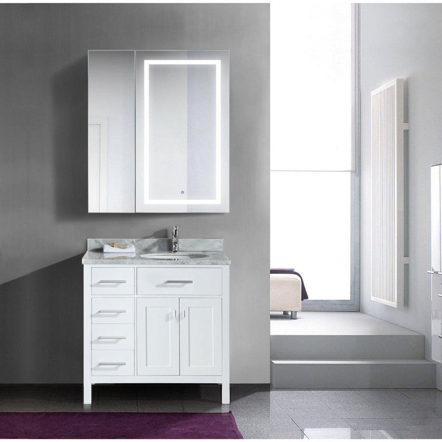 Krugg Reflections Svange 42" x 42" 5000K Single Bi-View Right Opening Recessed/Surface-Mount Illuminated Silver Backed LED Medicine Cabinet Mirror With Built-in Defogger, Dimmer and Electrical Outlet