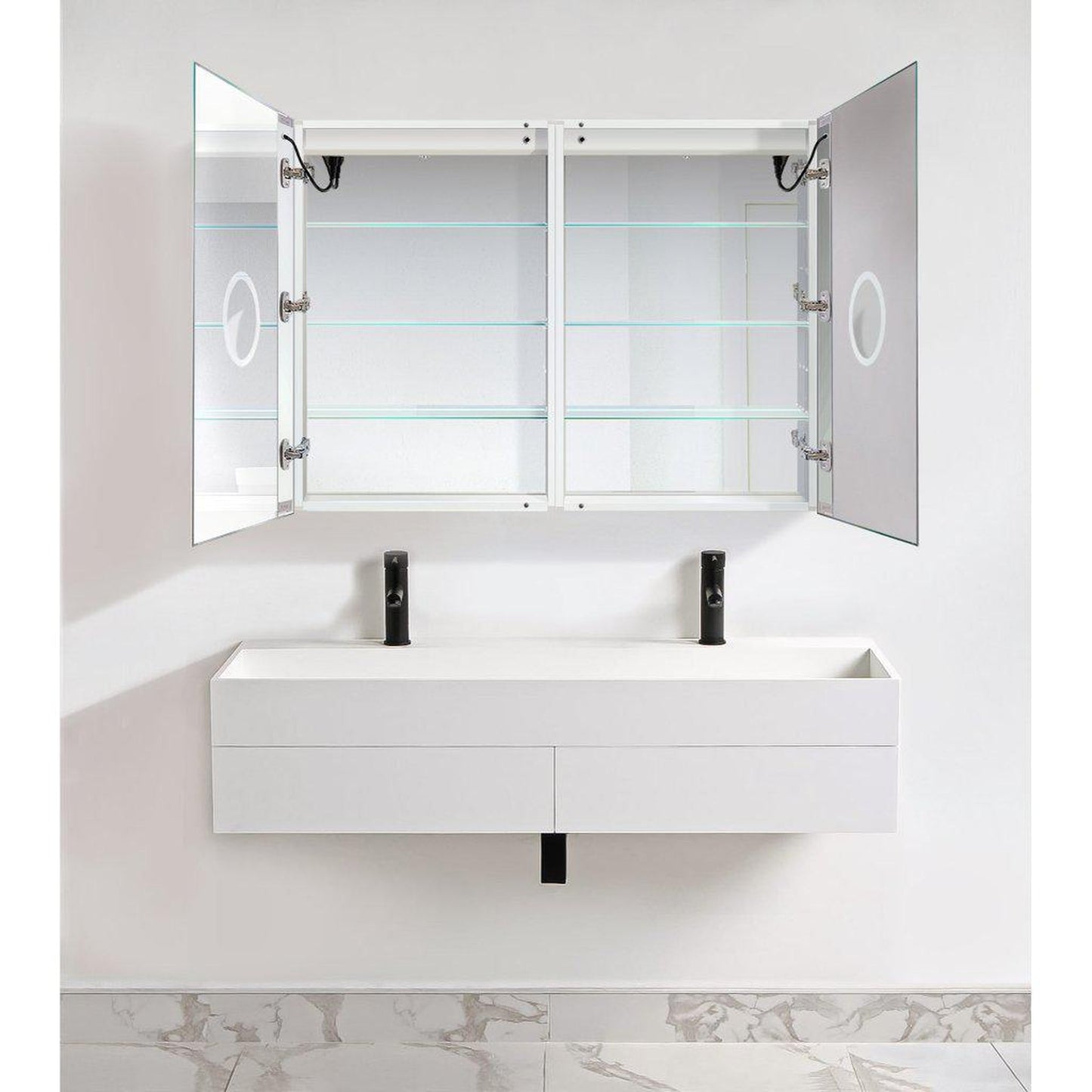 Krugg Reflections Svange 48" x 36" 5000K Double Dual Opening Recessed/Surface-Mount Illuminated Silver Backed LED Medicine Cabinet Mirror With Built-in Defogger, Dimmer and Electrical Outlet