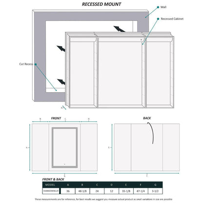 Krugg Reflections Svange 48" x 36" 5000K Single Tri-View Left-Left-Right Opening Recessed/Surface-Mount Illuminated Silver Backed LED Medicine Cabinet Mirror With Built-in Defogger, Dimmer and Electrical Outlet