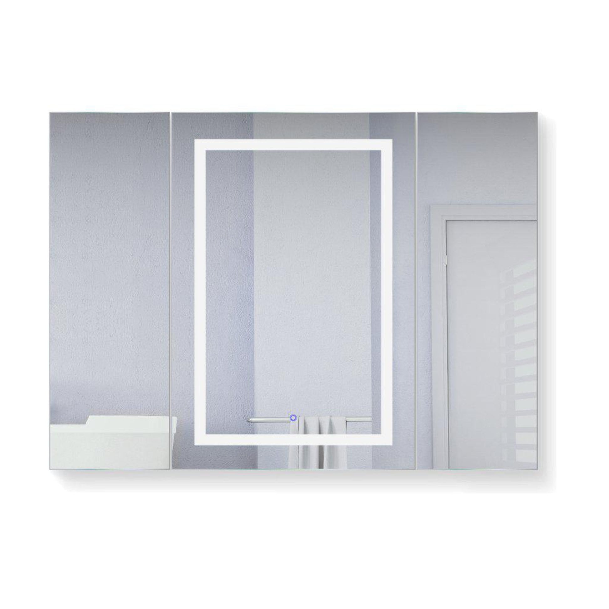 Krugg Reflections Svange 48" x 36" 5000K Single Tri-View Left-Left-Right Opening Recessed/Surface-Mount Illuminated Silver Backed LED Medicine Cabinet Mirror With Built-in Defogger, Dimmer and Electrical Outlet