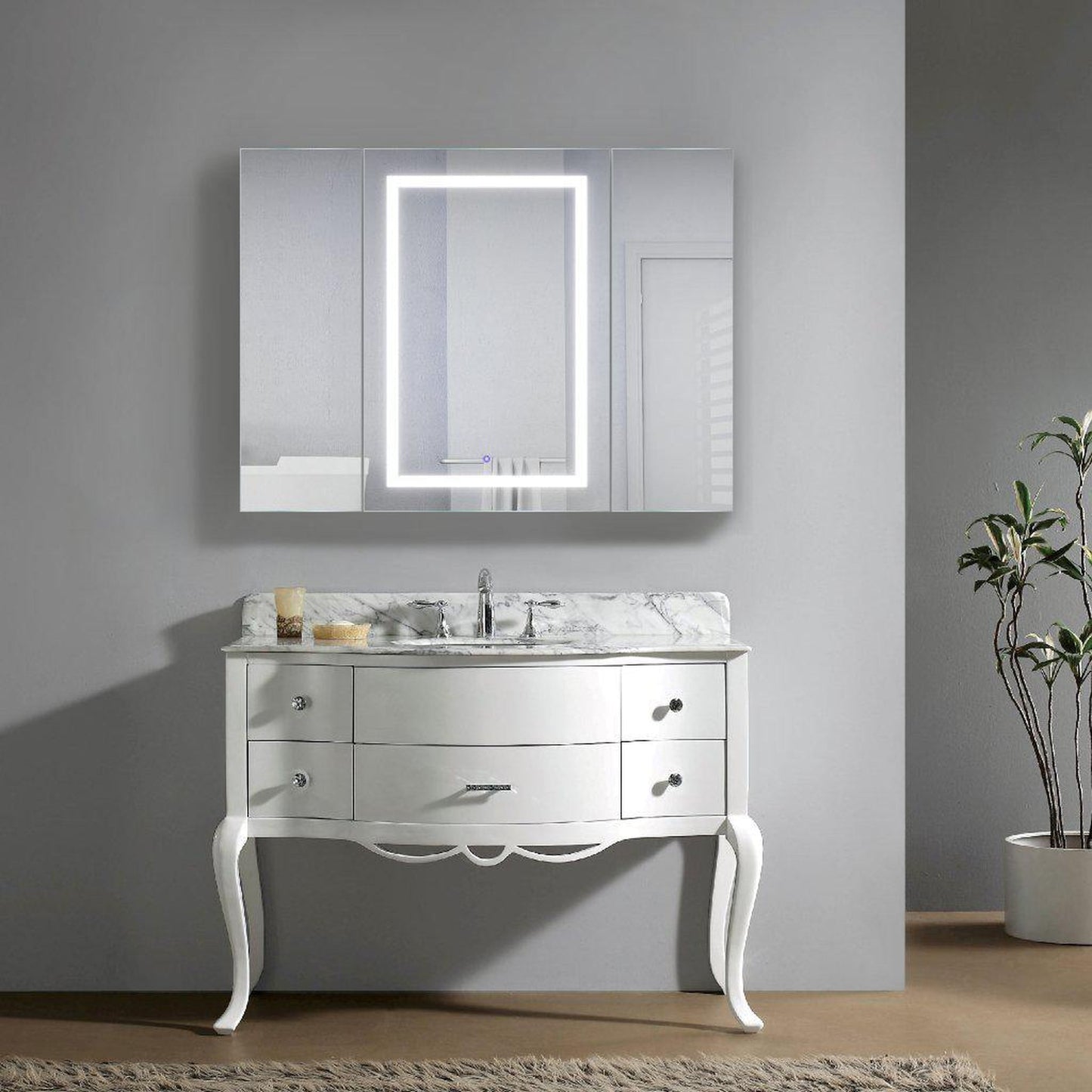 Krugg Reflections Svange 48" x 36" 5000K Single Tri-View Left-Left-Right Opening Recessed/Surface-Mount Illuminated Silver Backed LED Medicine Cabinet Mirror With Built-in Defogger, Dimmer and Electrical Outlet