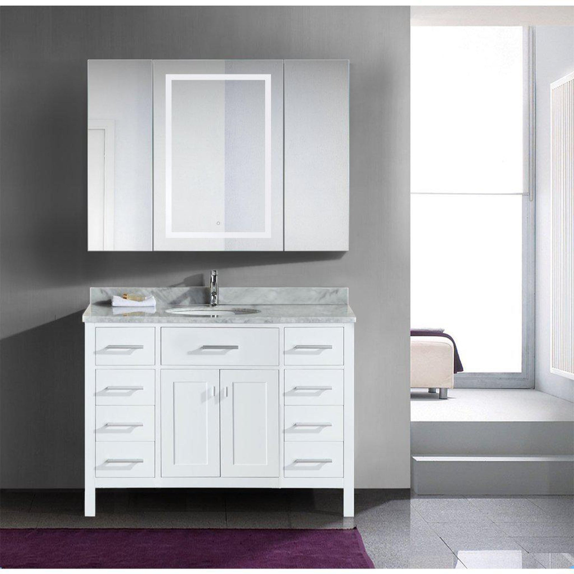 Krugg Reflections Svange 48" x 36" 5000K Single Tri-View Left-Left-Right Opening Recessed/Surface-Mount Illuminated Silver Backed LED Medicine Cabinet Mirror With Built-in Defogger, Dimmer and Electrical Outlet