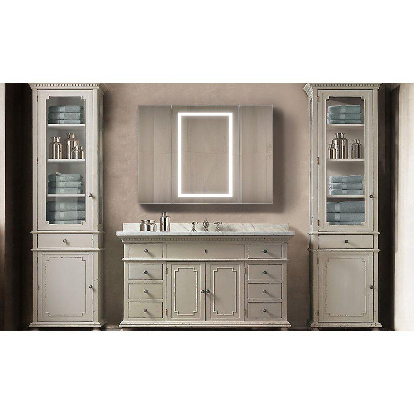 Krugg Reflections Svange 48" x 36" 5000K Single Tri-View Left-Left-Right Opening Recessed/Surface-Mount Illuminated Silver Backed LED Medicine Cabinet Mirror With Built-in Defogger, Dimmer and Electrical Outlet