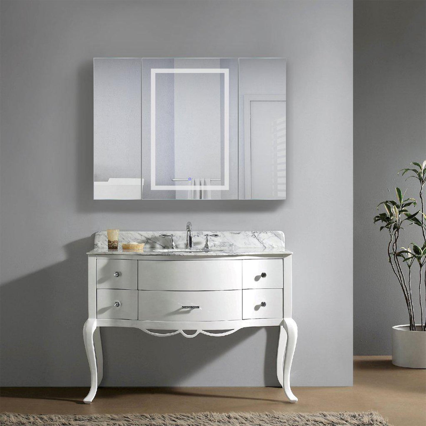 Krugg Reflections Svange 48" x 36" 5000K Single Tri-View Left-Right-Right Opening Recessed/Surface-Mount Illuminated Silver Backed LED Medicine Cabinet Mirror With Built-in Defogger, Dimmer and Electrical Outlet