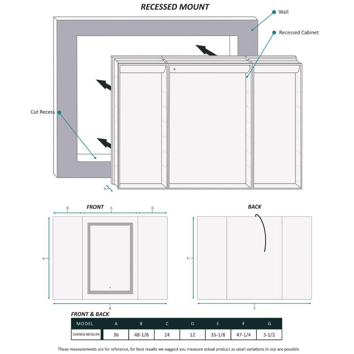 Krugg Reflections Svange 48" x 36" 5000K Single Tri-View Left-Right-Right Opening Recessed/Surface-Mount Illuminated Silver Backed LED Medicine Cabinet Mirror With Built-in Defogger, Dimmer and Electrical Outlet