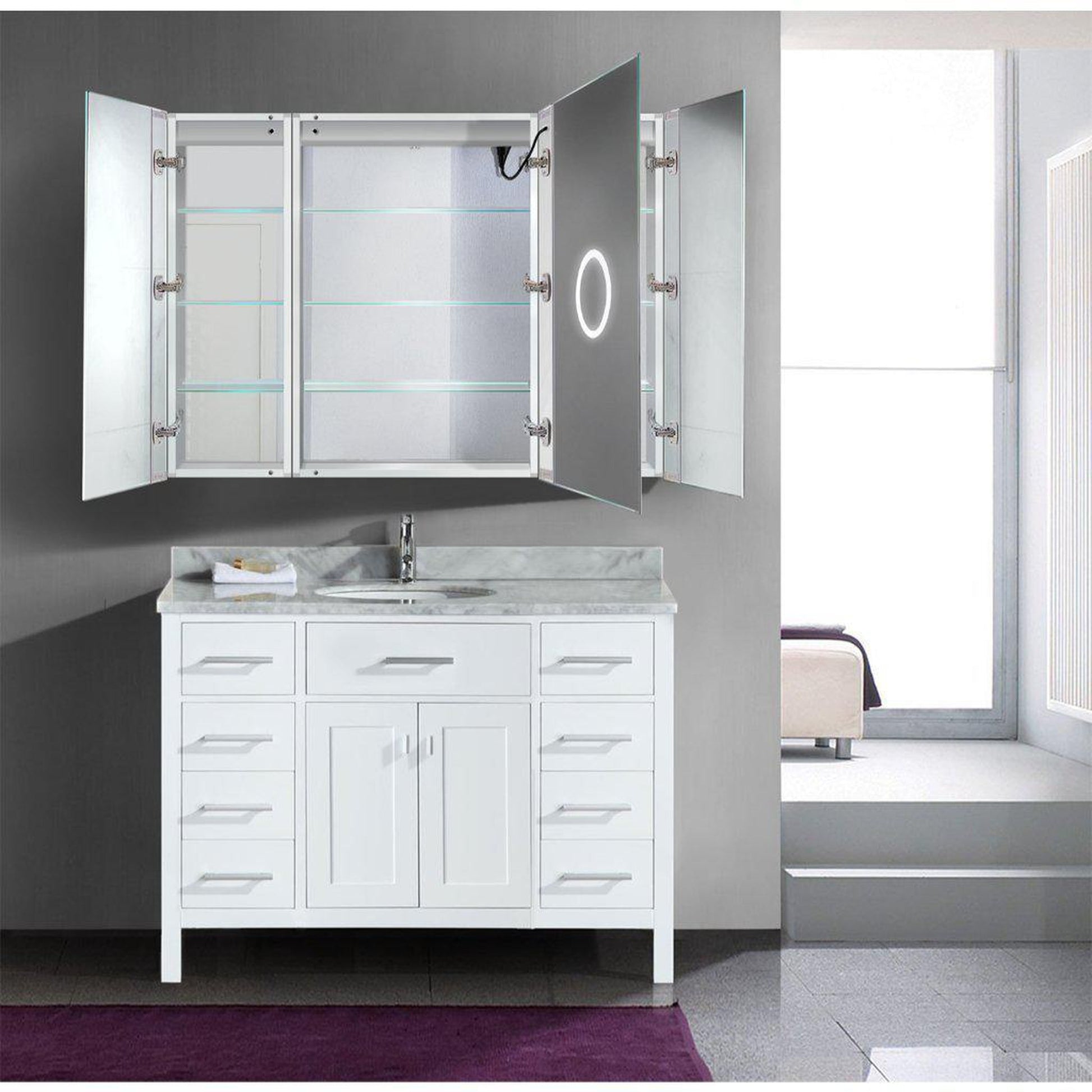 Krugg Reflections Svange 48" x 36" 5000K Single Tri-View Left-Right-Right Opening Recessed/Surface-Mount Illuminated Silver Backed LED Medicine Cabinet Mirror With Built-in Defogger, Dimmer and Electrical Outlet