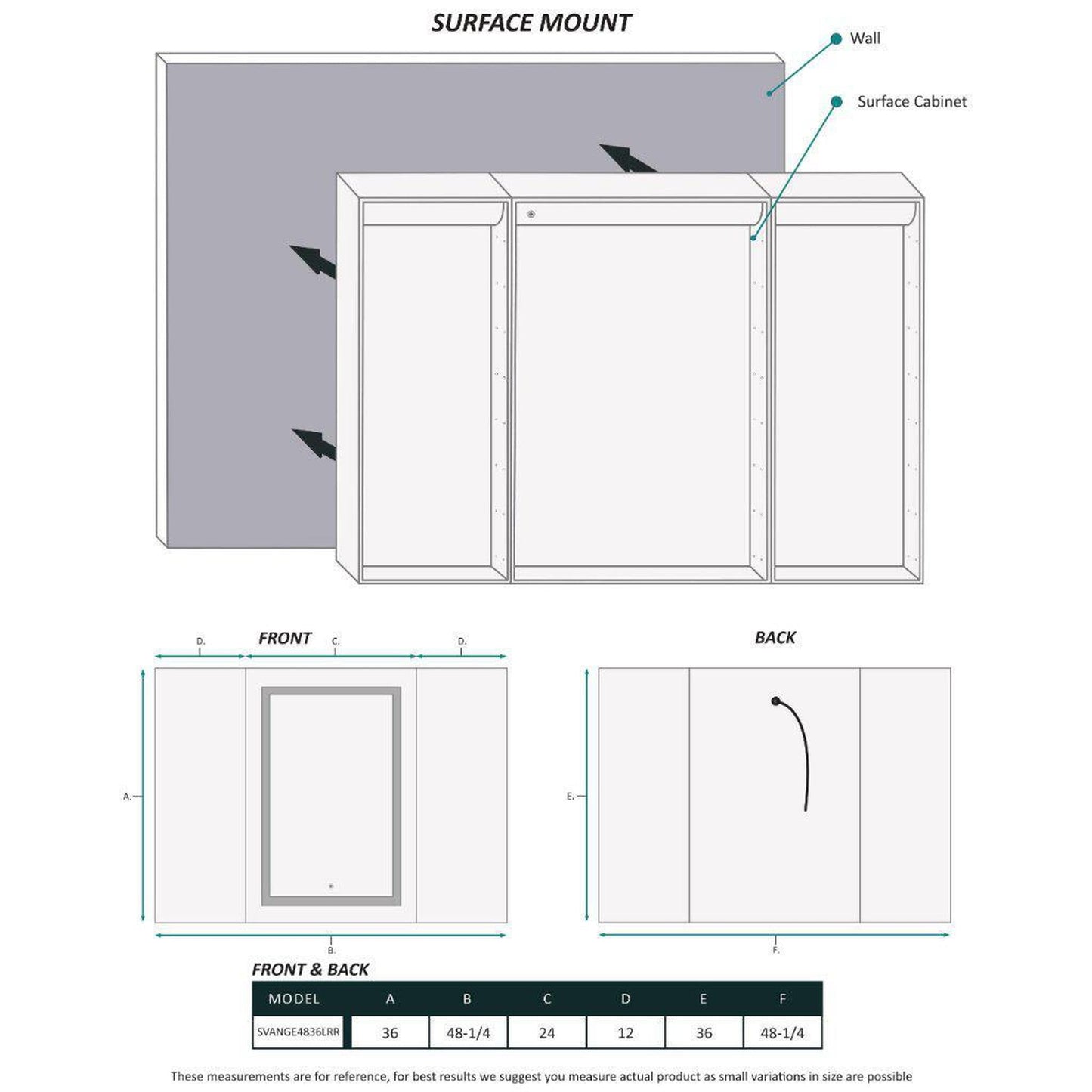 Krugg Reflections Svange 48" x 36" 5000K Single Tri-View Left-Right-Right Opening Recessed/Surface-Mount Illuminated Silver Backed LED Medicine Cabinet Mirror With Built-in Defogger, Dimmer and Electrical Outlet