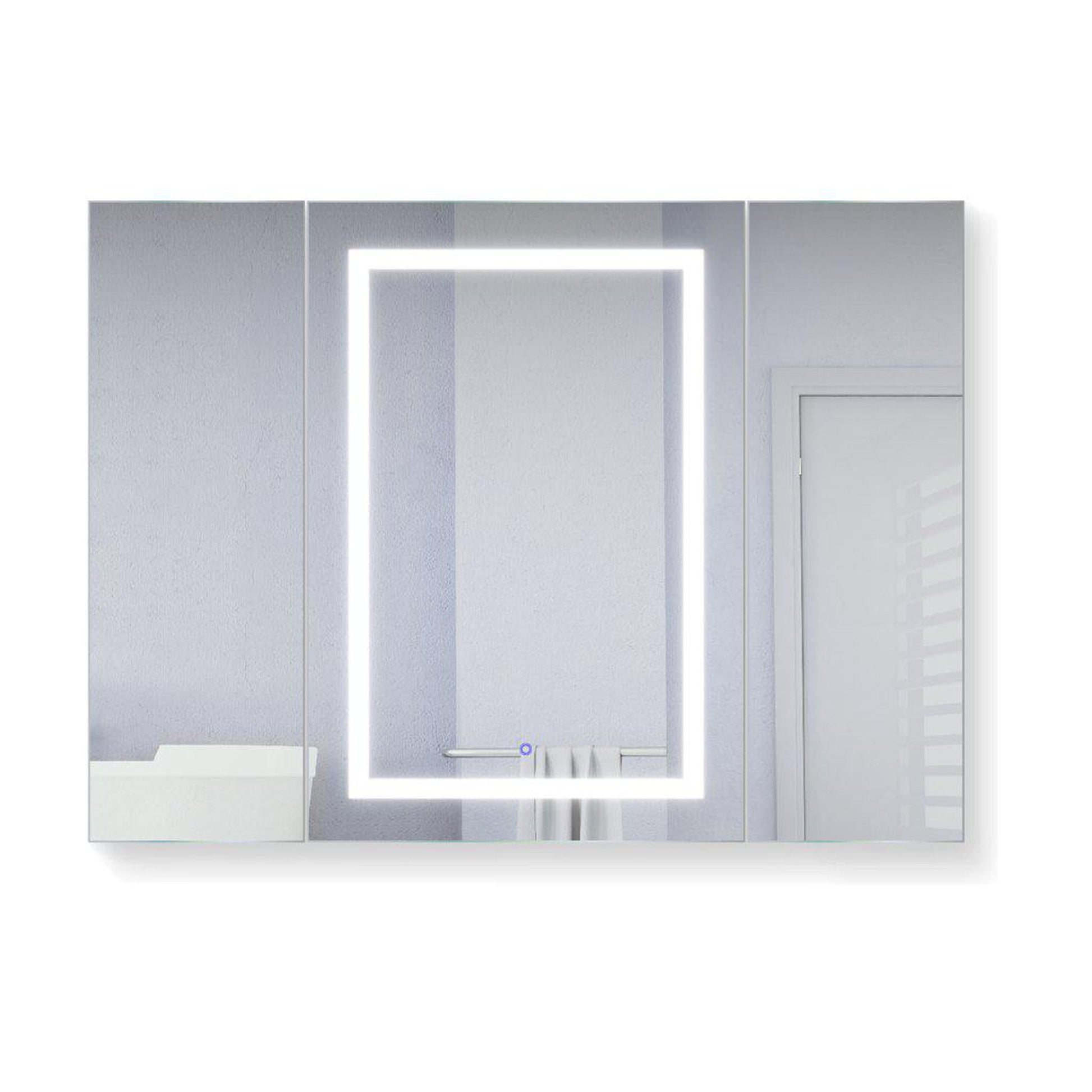 Krugg Reflections Svange 48" x 36" 5000K Single Tri-View Left-Right-Right Opening Recessed/Surface-Mount Illuminated Silver Backed LED Medicine Cabinet Mirror With Built-in Defogger, Dimmer and Electrical Outlet