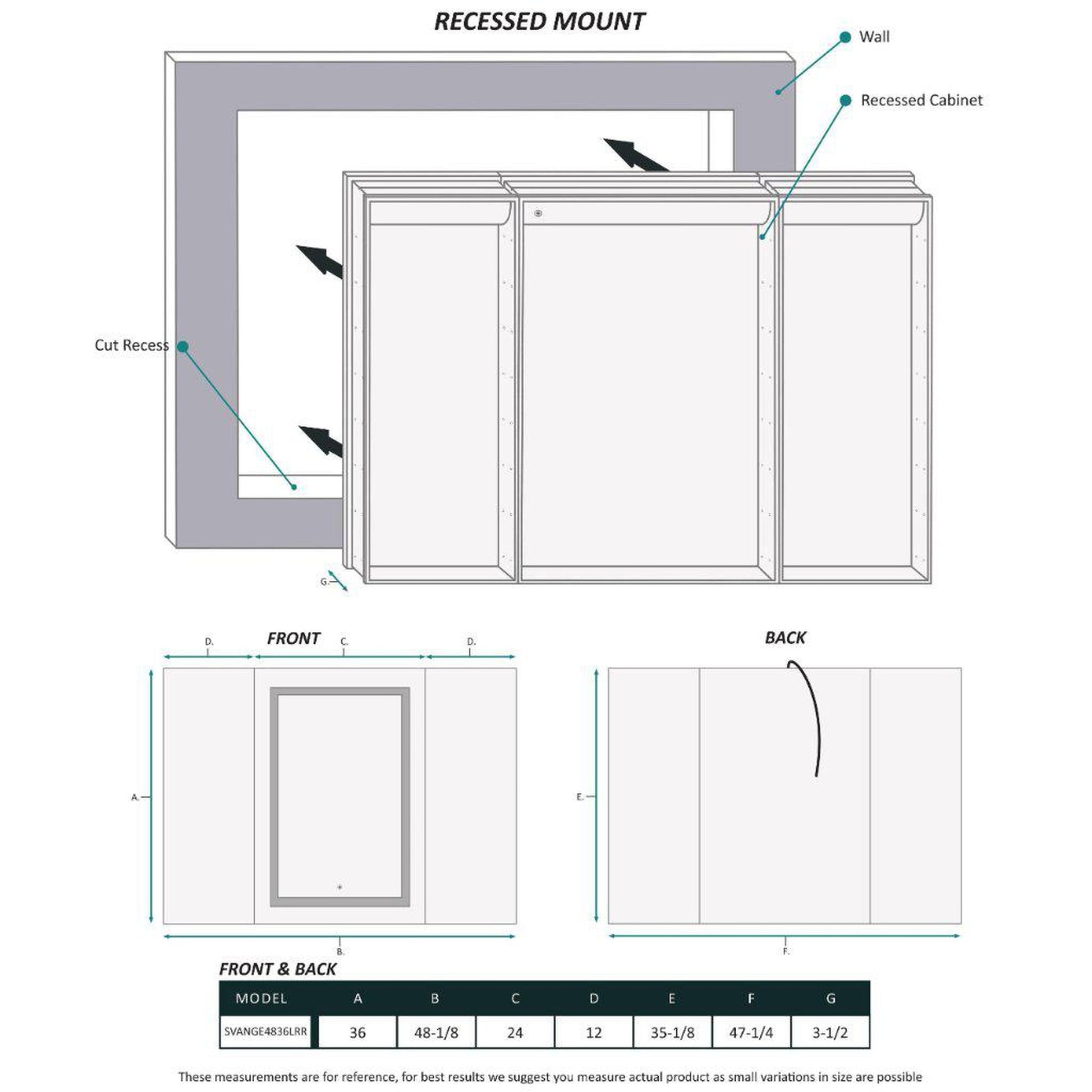 Krugg Reflections Svange 48" x 36" 5000K Single Tri-View Left-Right-Right Opening Recessed/Surface-Mount Illuminated Silver Backed LED Medicine Cabinet Mirror With Built-in Defogger, Dimmer and Electrical Outlet