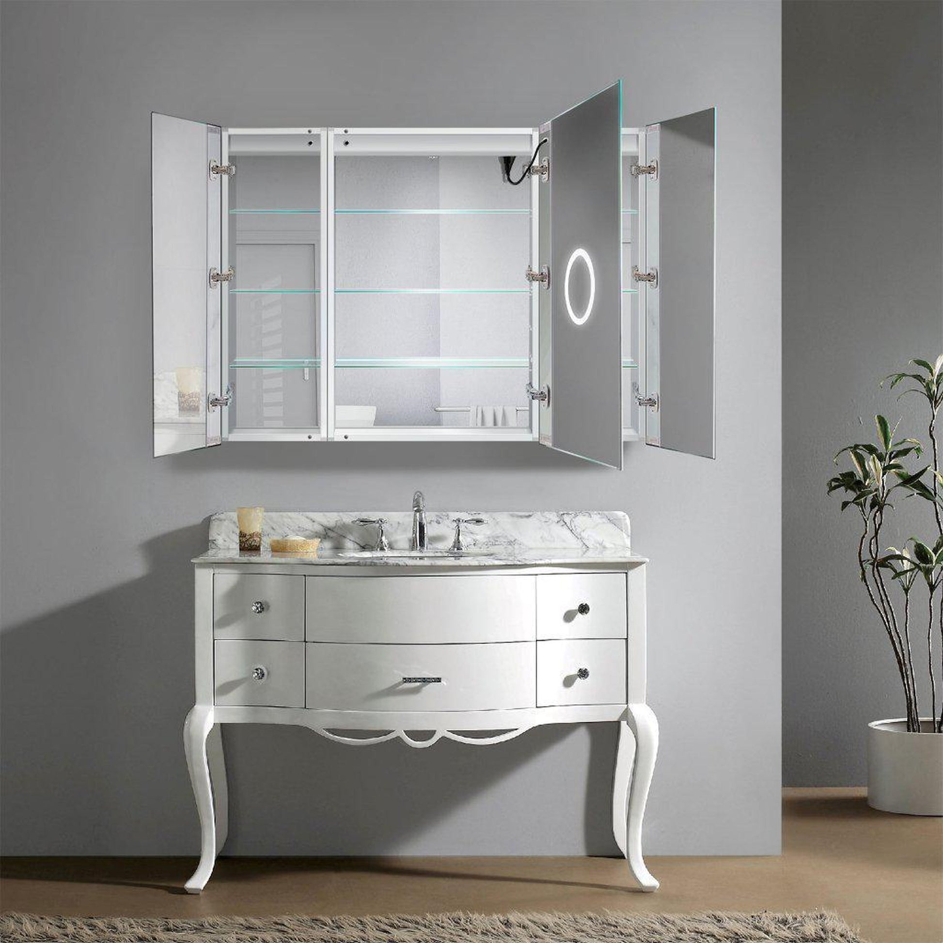 Krugg Reflections Svange 48" x 36" 5000K Single Tri-View Left-Right-Right Opening Recessed/Surface-Mount Illuminated Silver Backed LED Medicine Cabinet Mirror With Built-in Defogger, Dimmer and Electrical Outlet