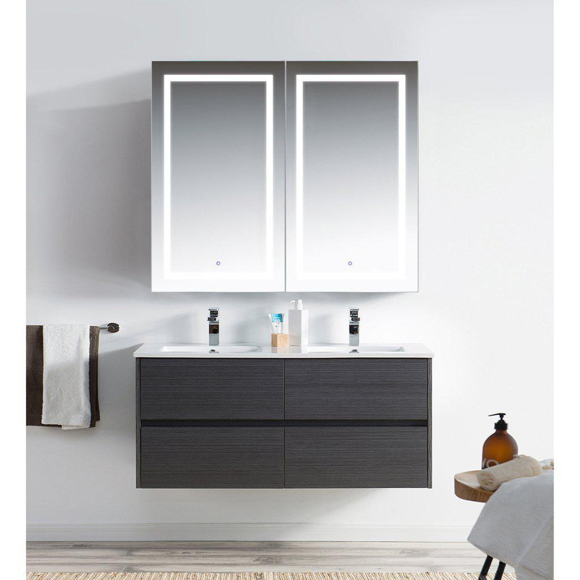 Krugg Reflections Svange 48" x 42" 5000K Double Dual Opening Recessed/Surface-Mount Illuminated Silver Backed LED Medicine Cabinet Mirror With Built-in Defogger, Dimmer and Electrical Outlet