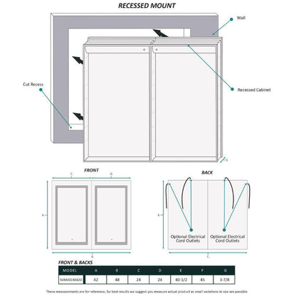 Krugg Reflections Svange 48" x 42" 5000K Double Dual Opening Recessed/Surface-Mount Illuminated Silver Backed LED Medicine Cabinet Mirror With Built-in Defogger, Dimmer and Electrical Outlet