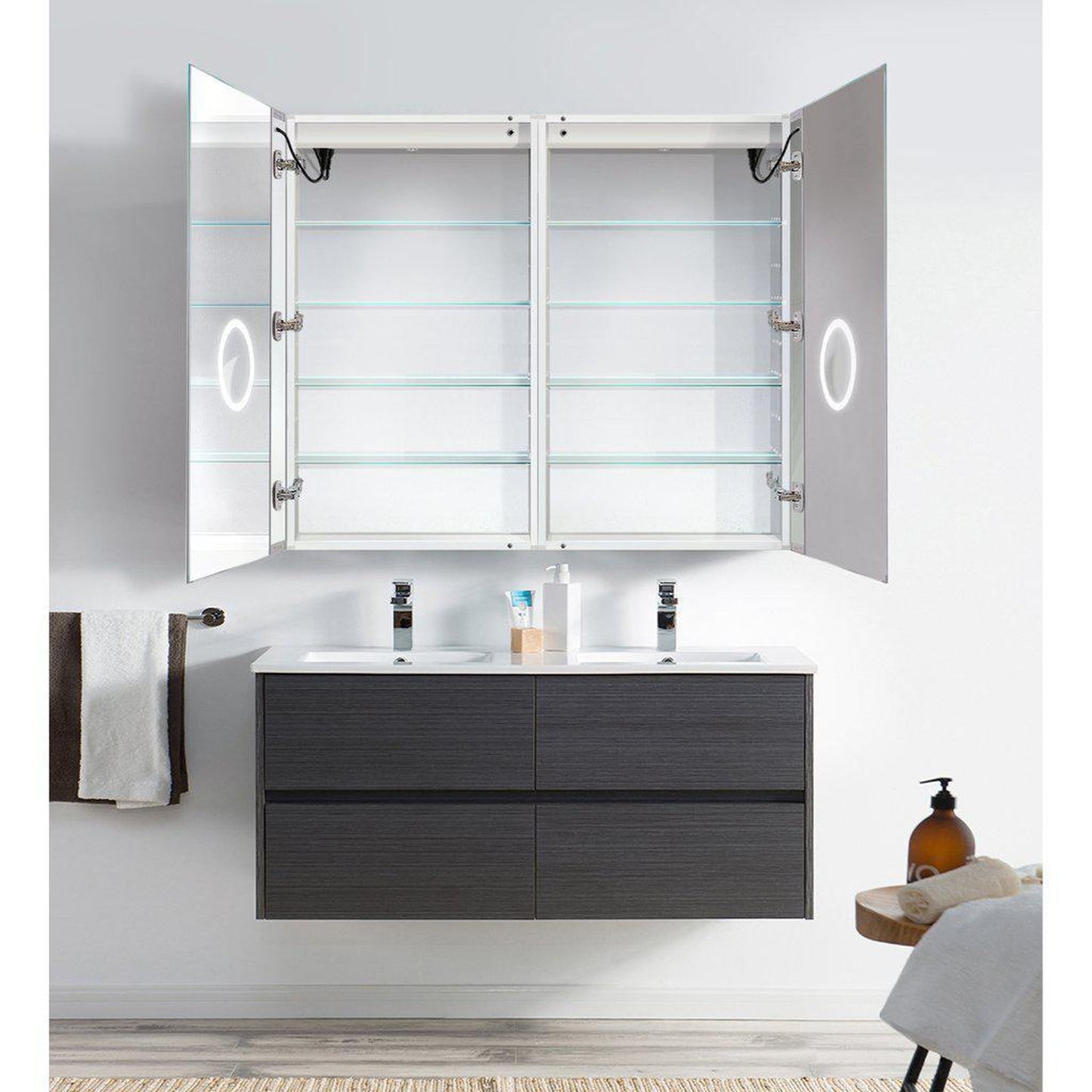 Krugg Reflections Svange 48" x 42" 5000K Double Dual Opening Recessed/Surface-Mount Illuminated Silver Backed LED Medicine Cabinet Mirror With Built-in Defogger, Dimmer and Electrical Outlet