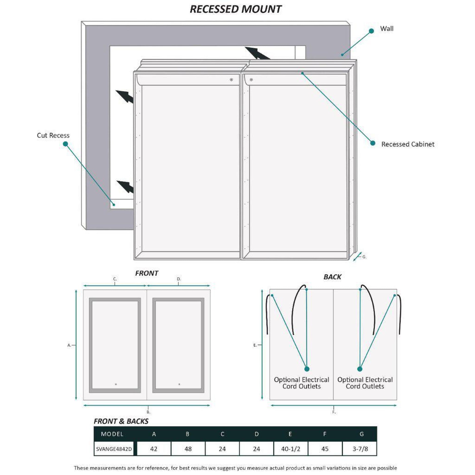 Krugg Reflections Svange 48" x 42" 5000K Double Dual Opening Recessed/Surface-Mount Illuminated Silver Backed LED Medicine Cabinet Mirror With Built-in Defogger, Dimmer and Electrical Outlet