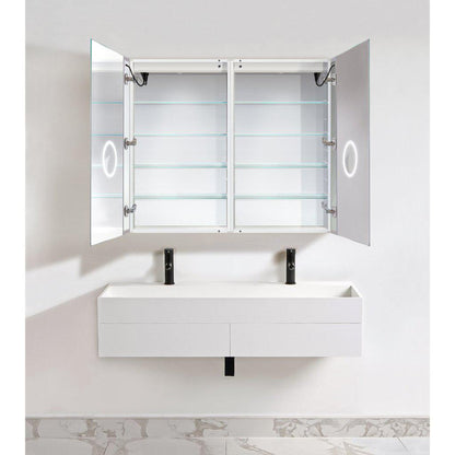 Krugg Reflections Svange 48" x 42" 5000K Double Dual Opening Recessed/Surface-Mount Illuminated Silver Backed LED Medicine Cabinet Mirror With Built-in Defogger, Dimmer and Electrical Outlet