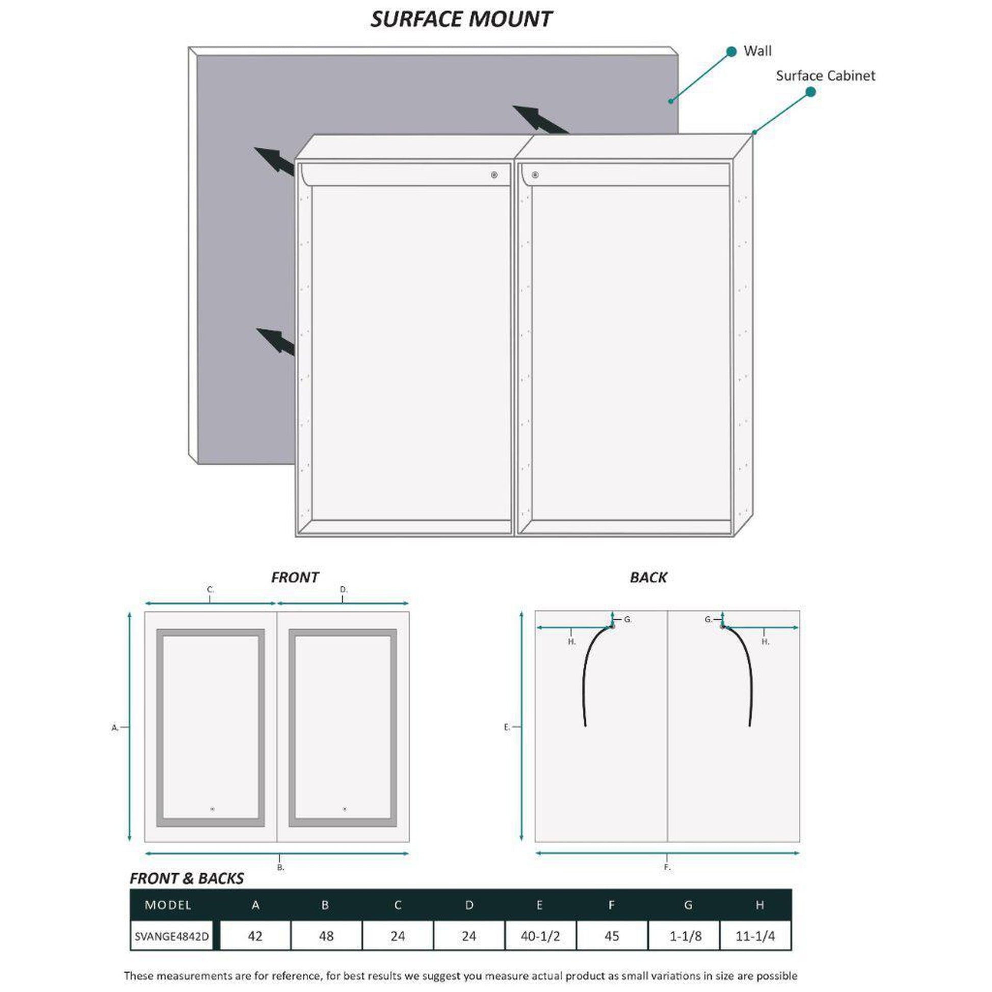 Krugg Reflections Svange 48" x 42" 5000K Double Dual Opening Recessed/Surface-Mount Illuminated Silver Backed LED Medicine Cabinet Mirror With Built-in Defogger, Dimmer and Electrical Outlet