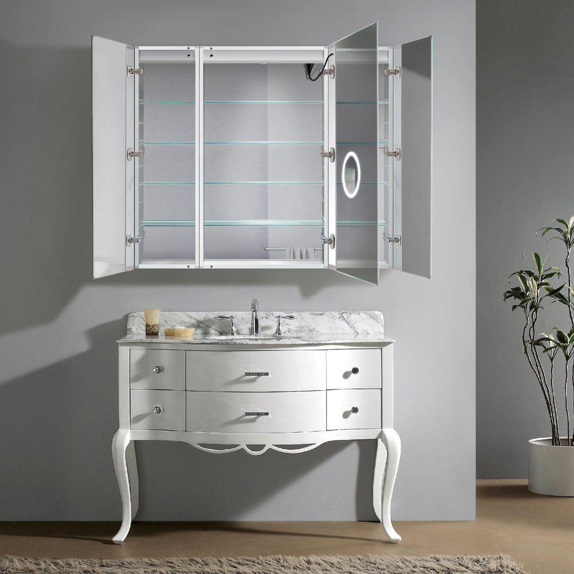 Krugg Reflections Svange 48" x 42" 5000K Single Tri-View Left-Right-Right Opening Recessed/Surface-Mount Illuminated Silver Backed LED Medicine Cabinet Mirror With Built-in Defogger, Dimmer and Electrical Outlet