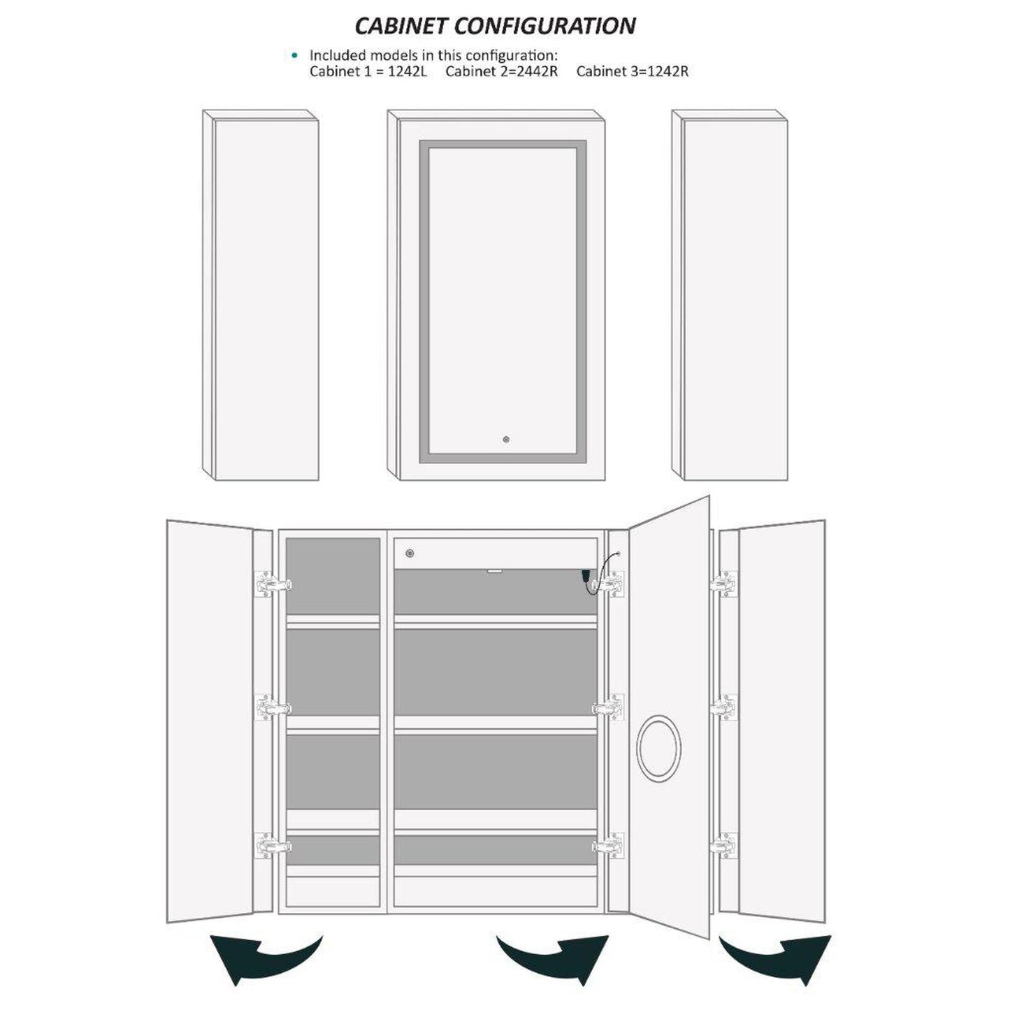 Krugg Reflections Svange 48" x 42" 5000K Single Tri-View Left-Right-Right Opening Recessed/Surface-Mount Illuminated Silver Backed LED Medicine Cabinet Mirror With Built-in Defogger, Dimmer and Electrical Outlet