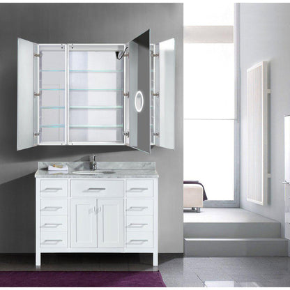 Krugg Reflections Svange 48" x 42" 5000K Single Tri-View Left-Right-Right Opening Recessed/Surface-Mount Illuminated Silver Backed LED Medicine Cabinet Mirror With Built-in Defogger, Dimmer and Electrical Outlet