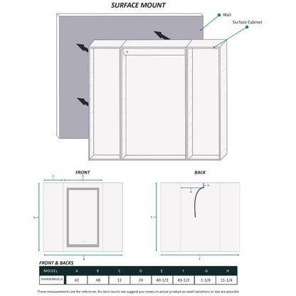 Krugg Reflections Svange 48" x 42" 5000K Single Tri-View Left-Right-Right Opening Recessed/Surface-Mount Illuminated Silver Backed LED Medicine Cabinet Mirror With Built-in Defogger, Dimmer and Electrical Outlet