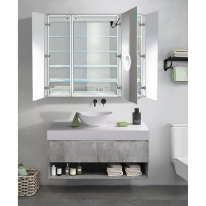 Krugg Reflections Svange 48" x 42" 5000K Single Tri-View Left-Right-Right Opening Recessed/Surface-Mount Illuminated Silver Backed LED Medicine Cabinet Mirror With Built-in Defogger, Dimmer and Electrical Outlet