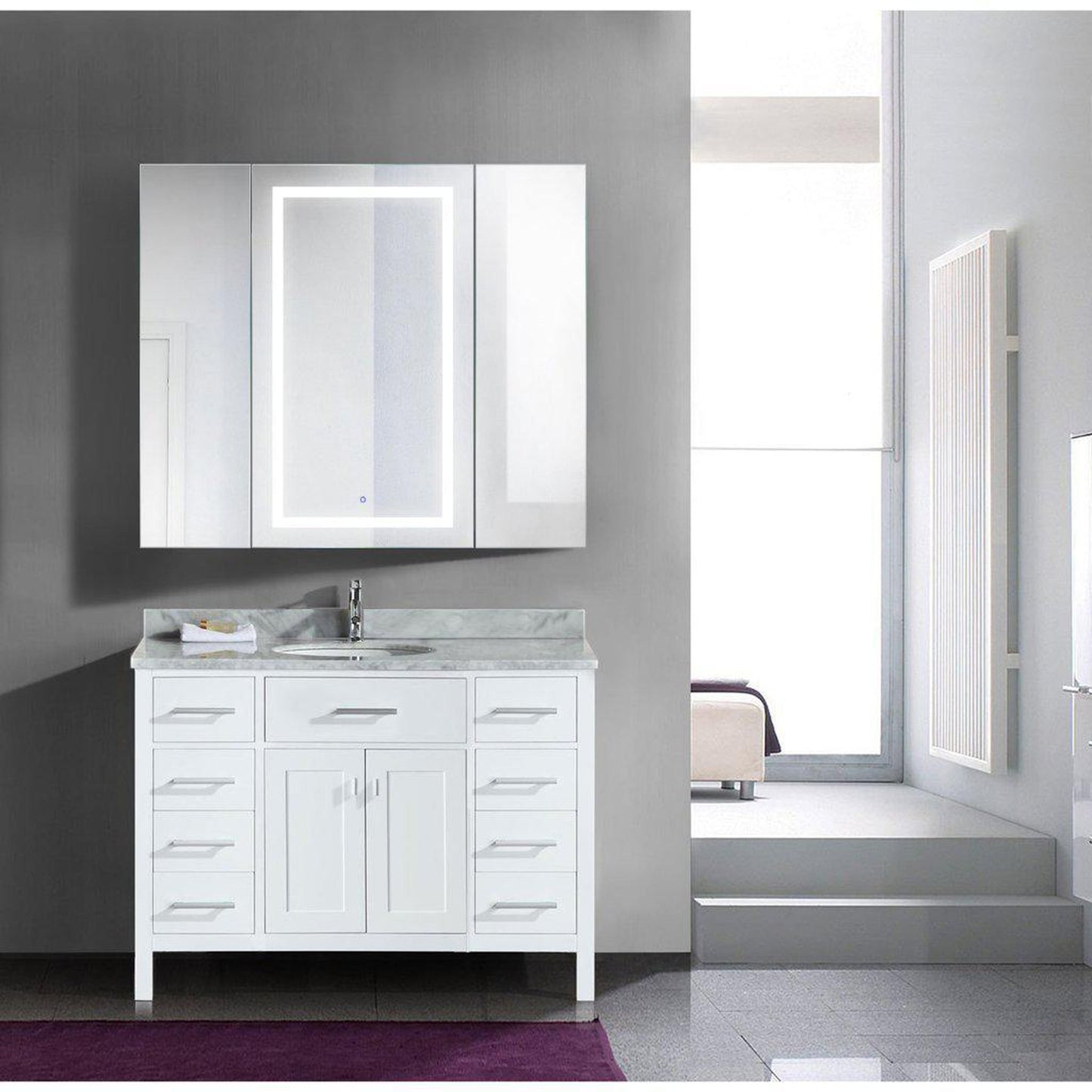 Krugg Reflections Svange 48" x 42" 5000K Singlle Tri-View Left-Left-Right Opening Recessed/Surface-Mount Illuminated Silver Backed LED Medicine Cabinet Mirror With Built-in Defogger, Dimmer and Electrical Outlet