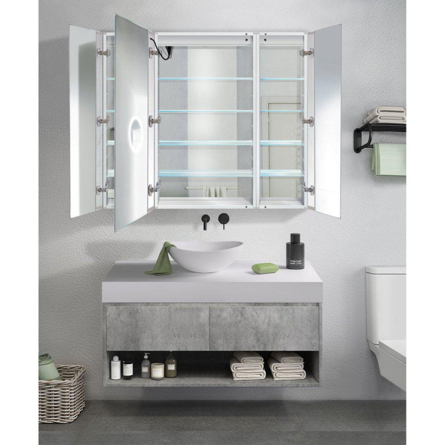 Krugg Reflections Svange 48" x 42" 5000K Singlle Tri-View Left-Left-Right Opening Recessed/Surface-Mount Illuminated Silver Backed LED Medicine Cabinet Mirror With Built-in Defogger, Dimmer and Electrical Outlet