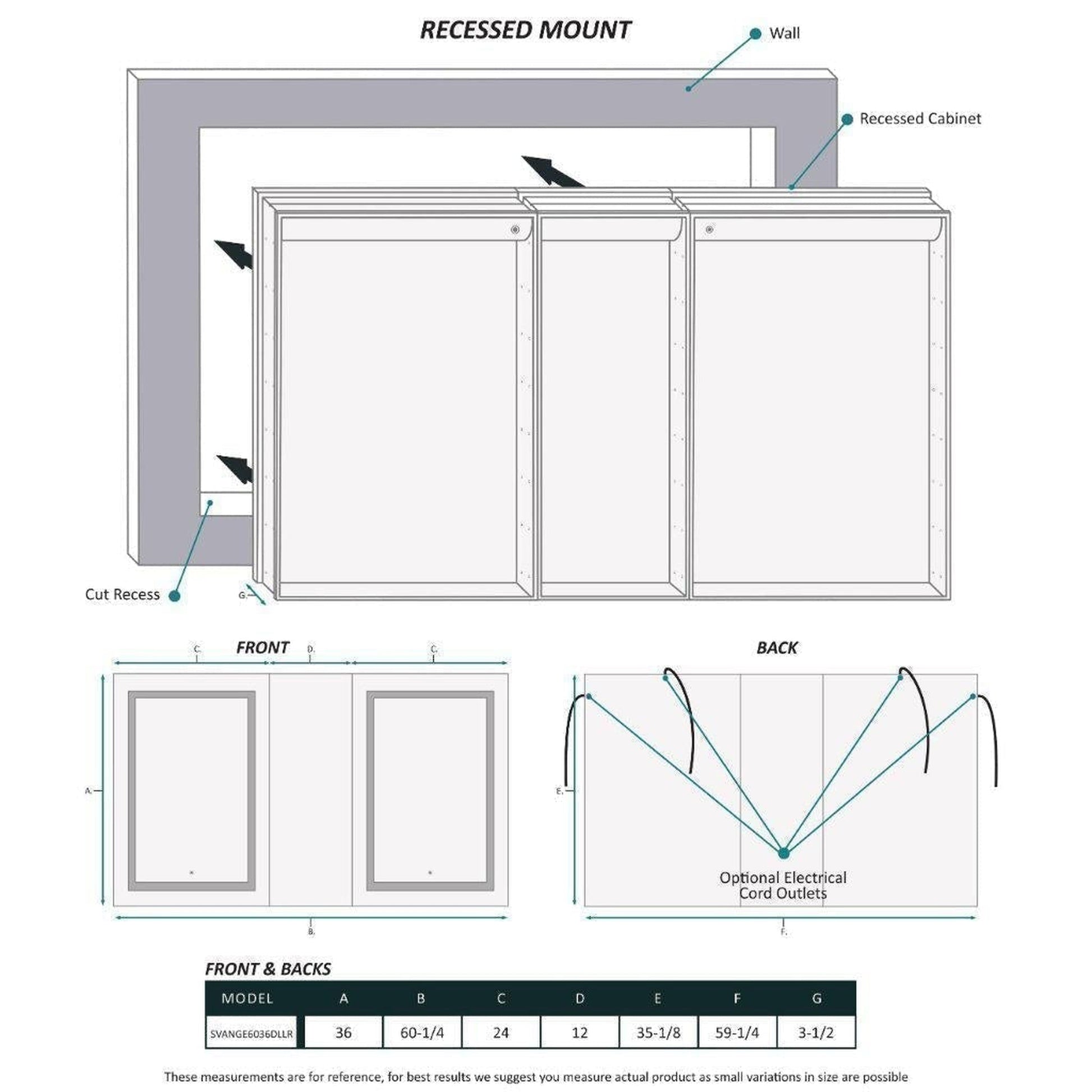 Krugg Reflections Svange 60" x 36" 5000K Double Left-Left-Right Opening Recessed/Surface-Mount Illuminated Silver Backed LED Medicine Cabinet Mirror With Built-in Defogger, Dimmer and Electrical Outlet