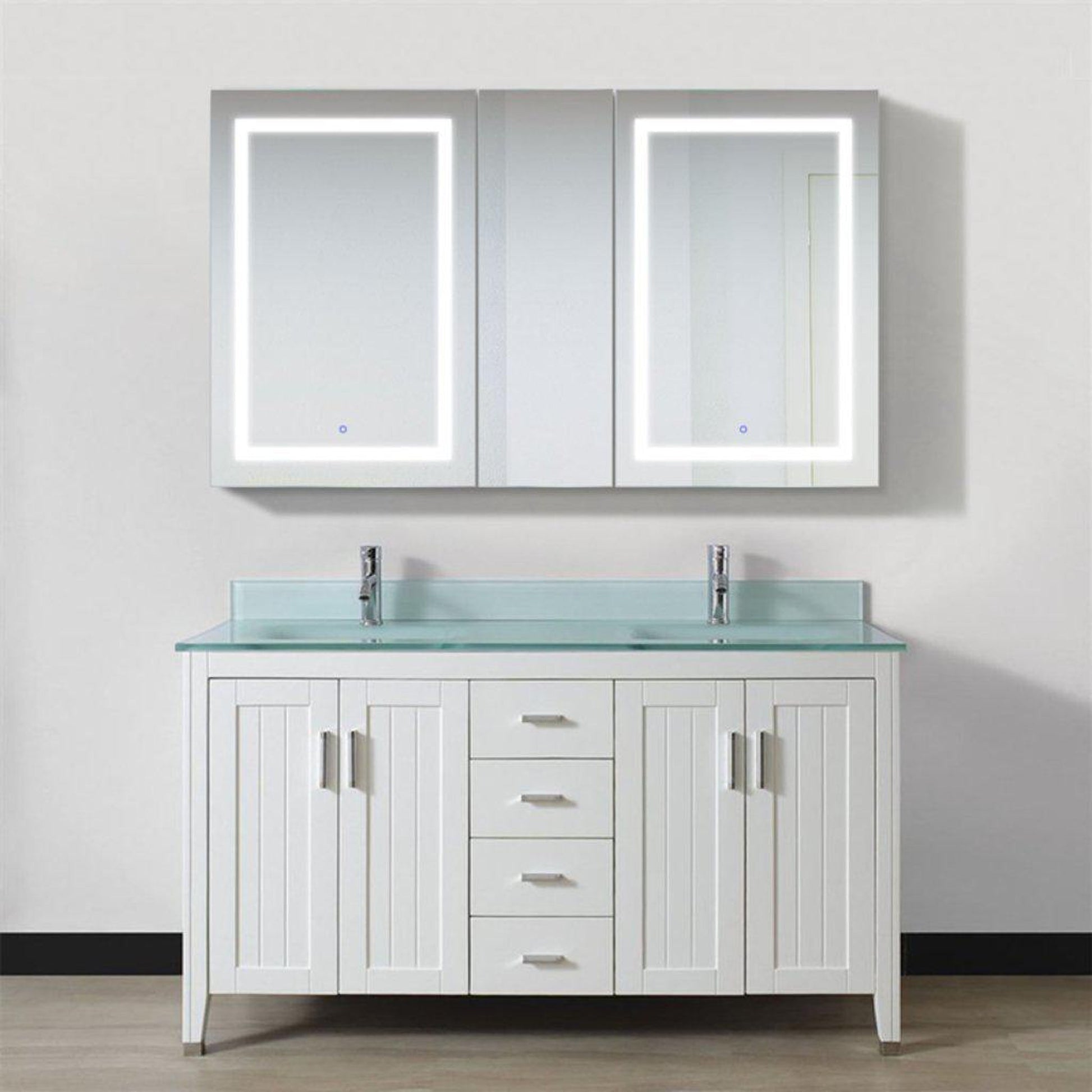 Krugg Reflections Svange 60" x 36" 5000K Double Left-Left-Right Opening Recessed/Surface-Mount Illuminated Silver Backed LED Medicine Cabinet Mirror With Built-in Defogger, Dimmer and Electrical Outlet