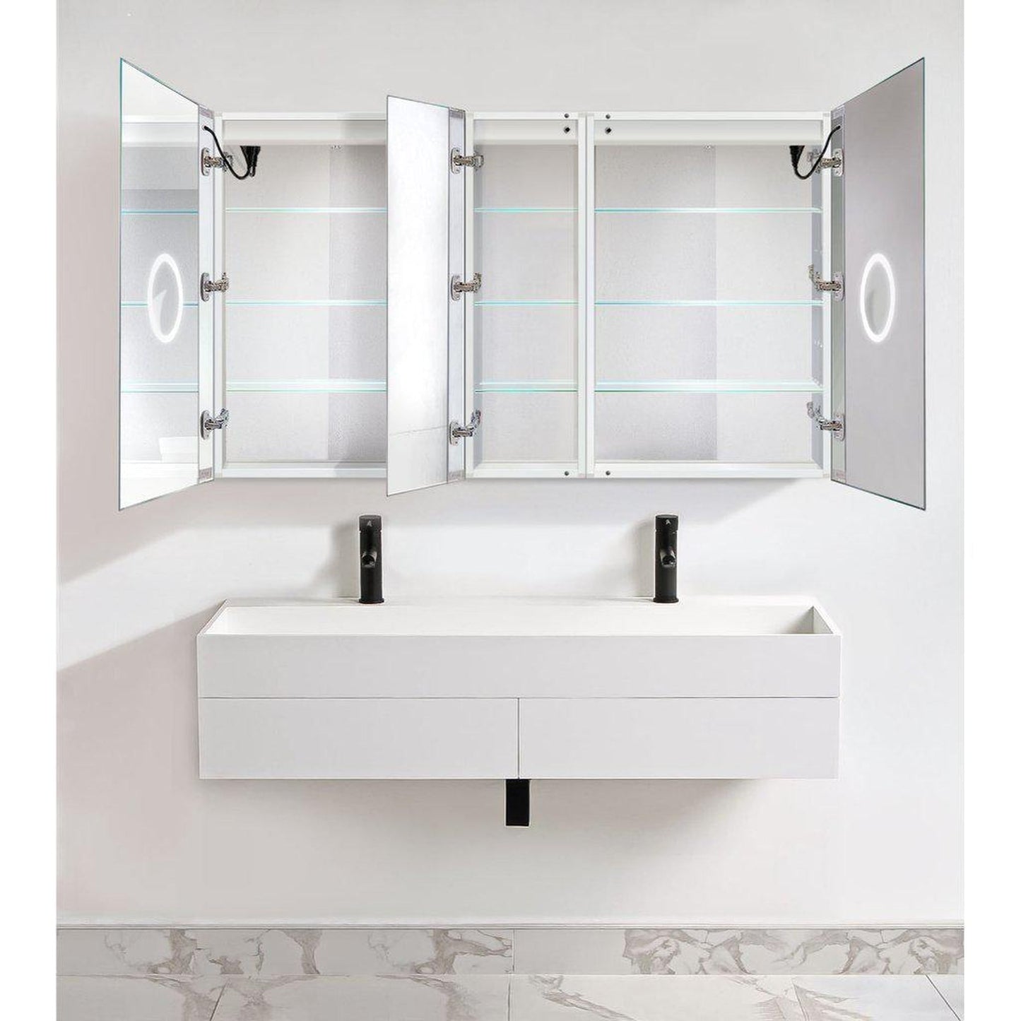 Krugg Reflections Svange 60" x 36" 5000K Double Left-Left-Right Opening Recessed/Surface-Mount Illuminated Silver Backed LED Medicine Cabinet Mirror With Built-in Defogger, Dimmer and Electrical Outlet