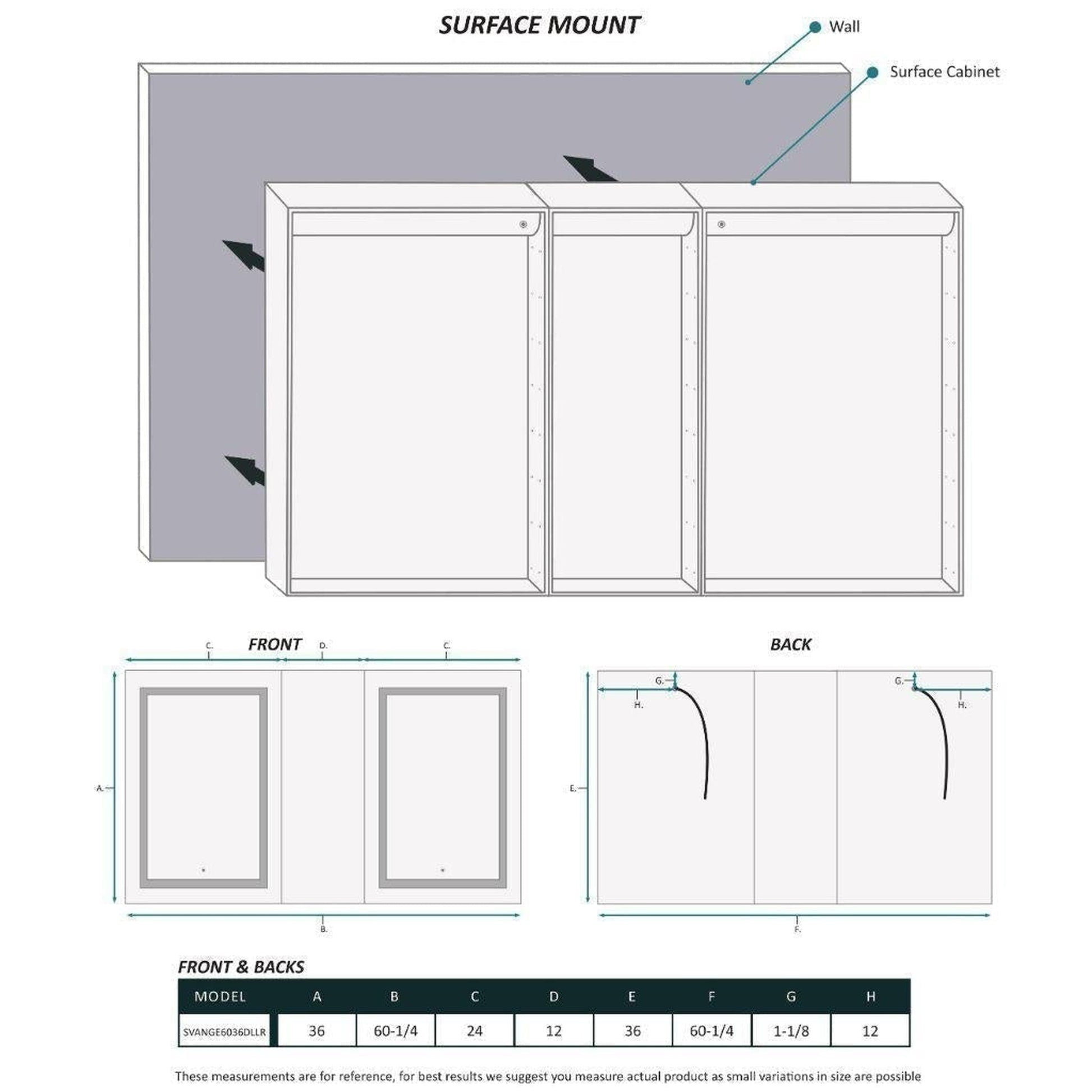 Krugg Reflections Svange 60" x 36" 5000K Double Left-Left-Right Opening Recessed/Surface-Mount Illuminated Silver Backed LED Medicine Cabinet Mirror With Built-in Defogger, Dimmer and Electrical Outlet