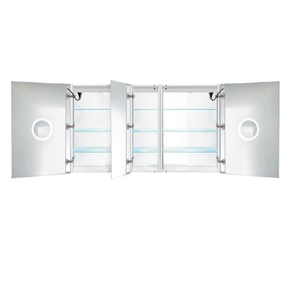 Krugg Reflections Svange 60" x 36" 5000K Double Left-Left-Right Opening Recessed/Surface-Mount Illuminated Silver Backed LED Medicine Cabinet Mirror With Built-in Defogger, Dimmer and Electrical Outlet