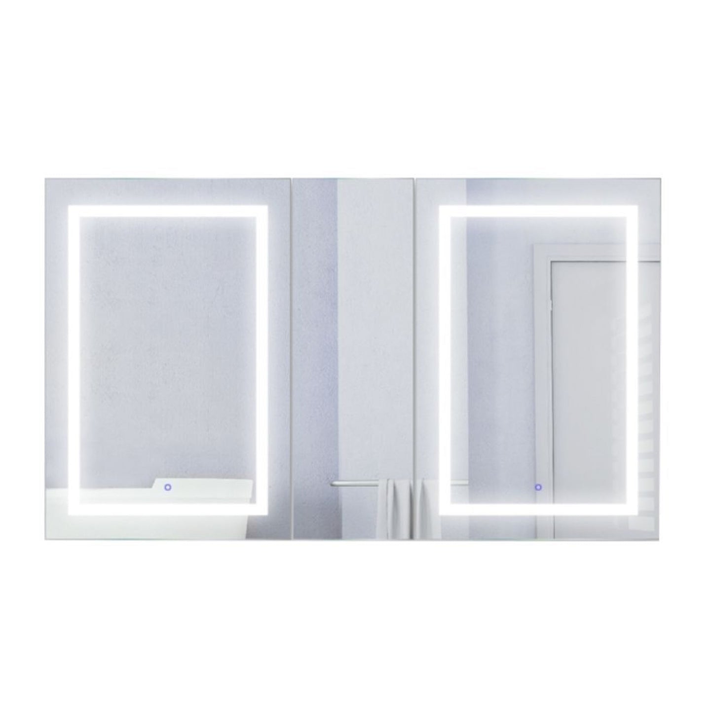 Krugg Reflections Svange 60" x 36" 5000K Double Left-Left-Right Opening Recessed/Surface-Mount Illuminated Silver Backed LED Medicine Cabinet Mirror With Built-in Defogger, Dimmer and Electrical Outlet