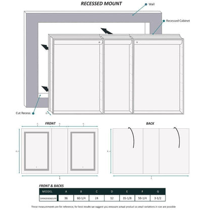 Krugg Reflections Svange 60" x 36" 5000K Double Left-Right-Right Opening Recessed/Surface-Mount Illuminated Silver Backed LED Medicine Cabinet Mirror With Built-in Defogger, Dimmer and Electrical Outlet