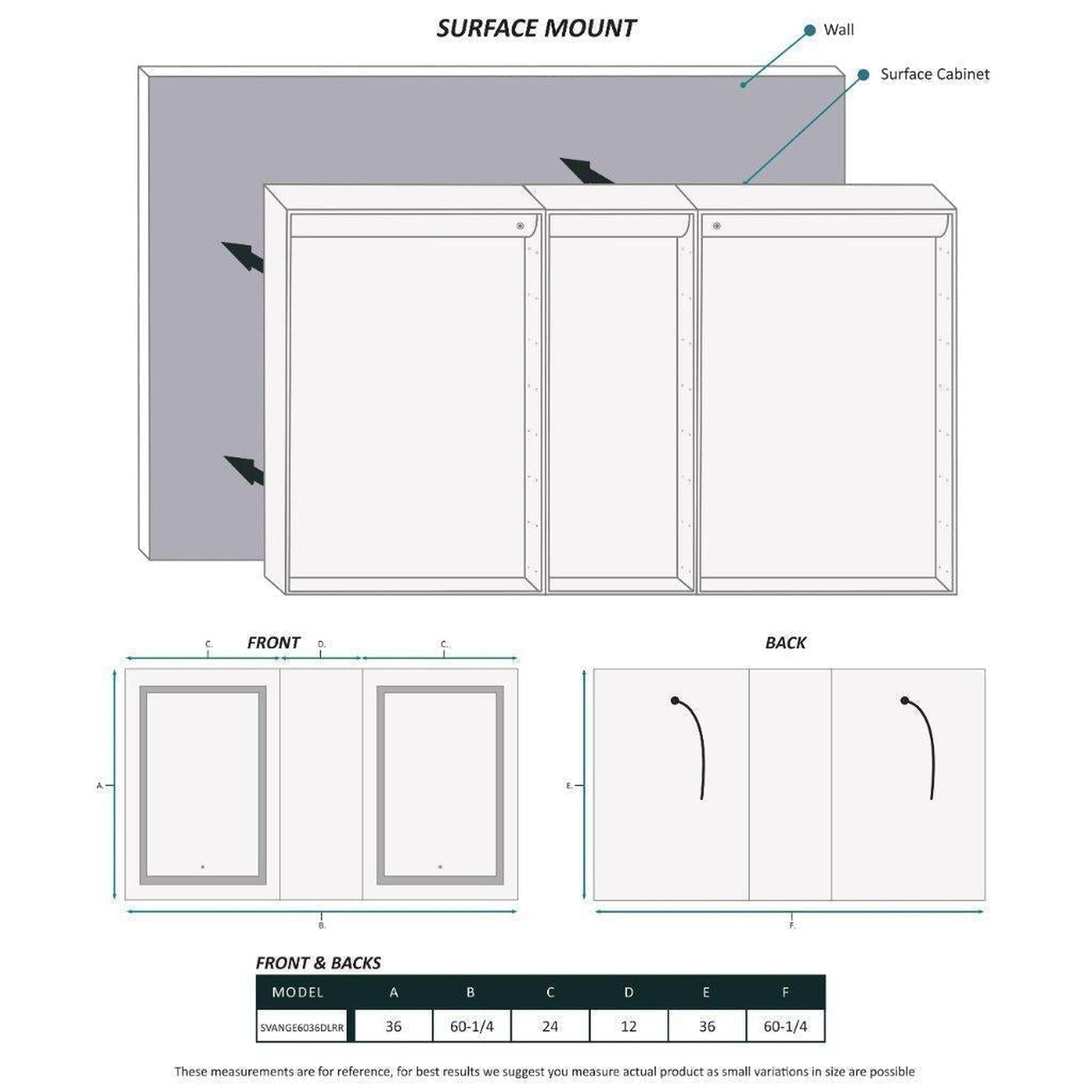 Krugg Reflections Svange 60" x 36" 5000K Double Left-Right-Right Opening Recessed/Surface-Mount Illuminated Silver Backed LED Medicine Cabinet Mirror With Built-in Defogger, Dimmer and Electrical Outlet