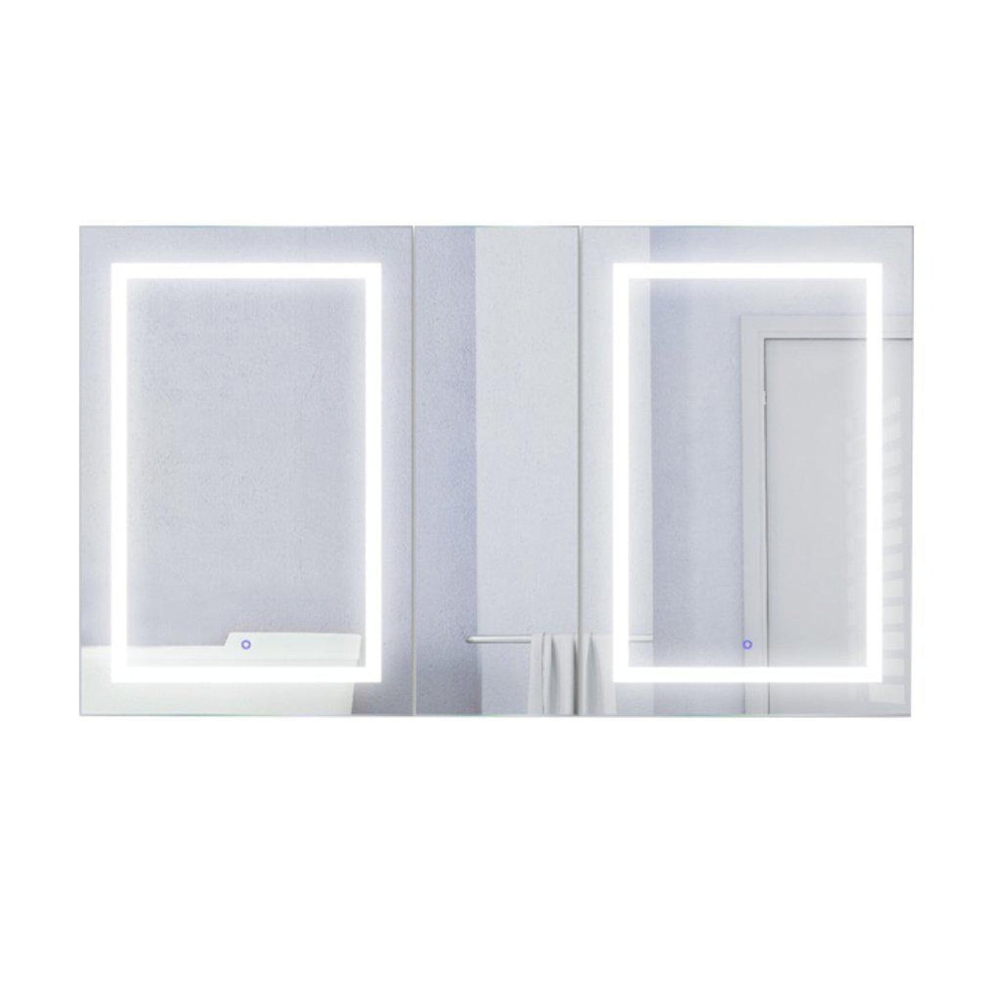 Krugg Reflections Svange 60" x 36" 5000K Double Left-Right-Right Opening Recessed/Surface-Mount Illuminated Silver Backed LED Medicine Cabinet Mirror With Built-in Defogger, Dimmer and Electrical Outlet