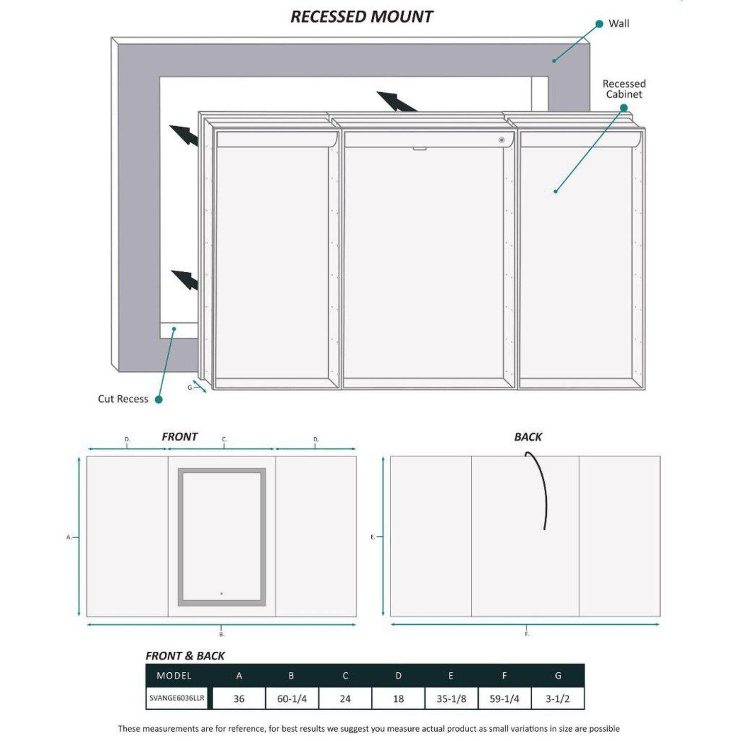 Krugg Reflections Svange 60" x 36" 5000K Single Tri-View Left-Left-Right Opening Recessed/Surface-Mount Illuminated Silver Backed LED Medicine Cabinet Mirror With Built-in Defogger, Dimmer and Electrical Outlet