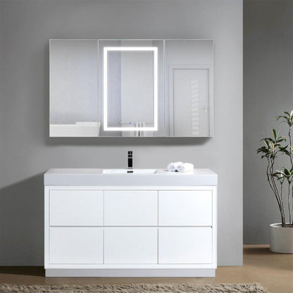 Krugg Reflections Svange 60" x 36" 5000K Single Tri-View Left-Left-Right Opening Recessed/Surface-Mount Illuminated Silver Backed LED Medicine Cabinet Mirror With Built-in Defogger, Dimmer and Electrical Outlet