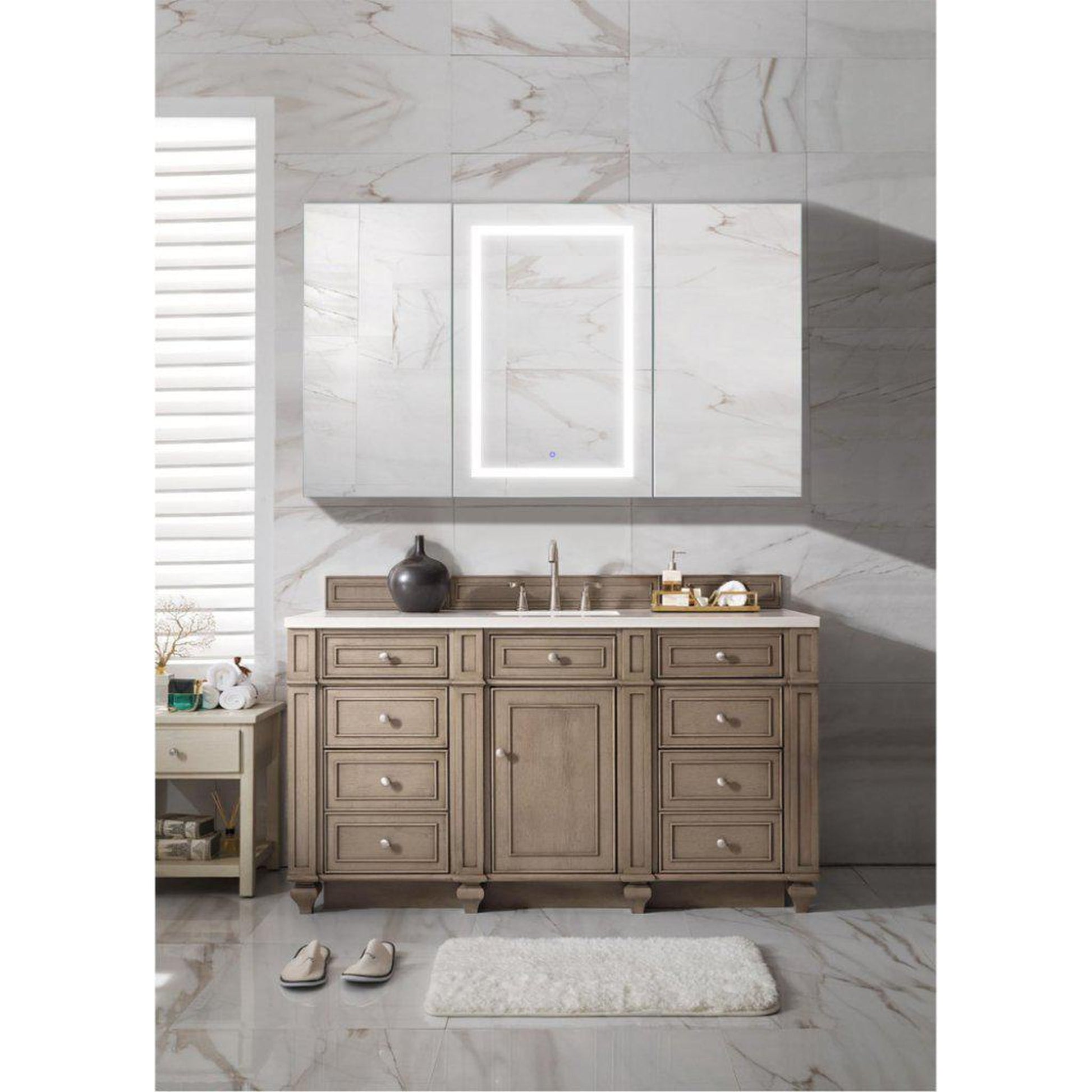 Krugg Reflections Svange 60" x 36" 5000K Single Tri-View Left-Left-Right Opening Recessed/Surface-Mount Illuminated Silver Backed LED Medicine Cabinet Mirror With Built-in Defogger, Dimmer and Electrical Outlet