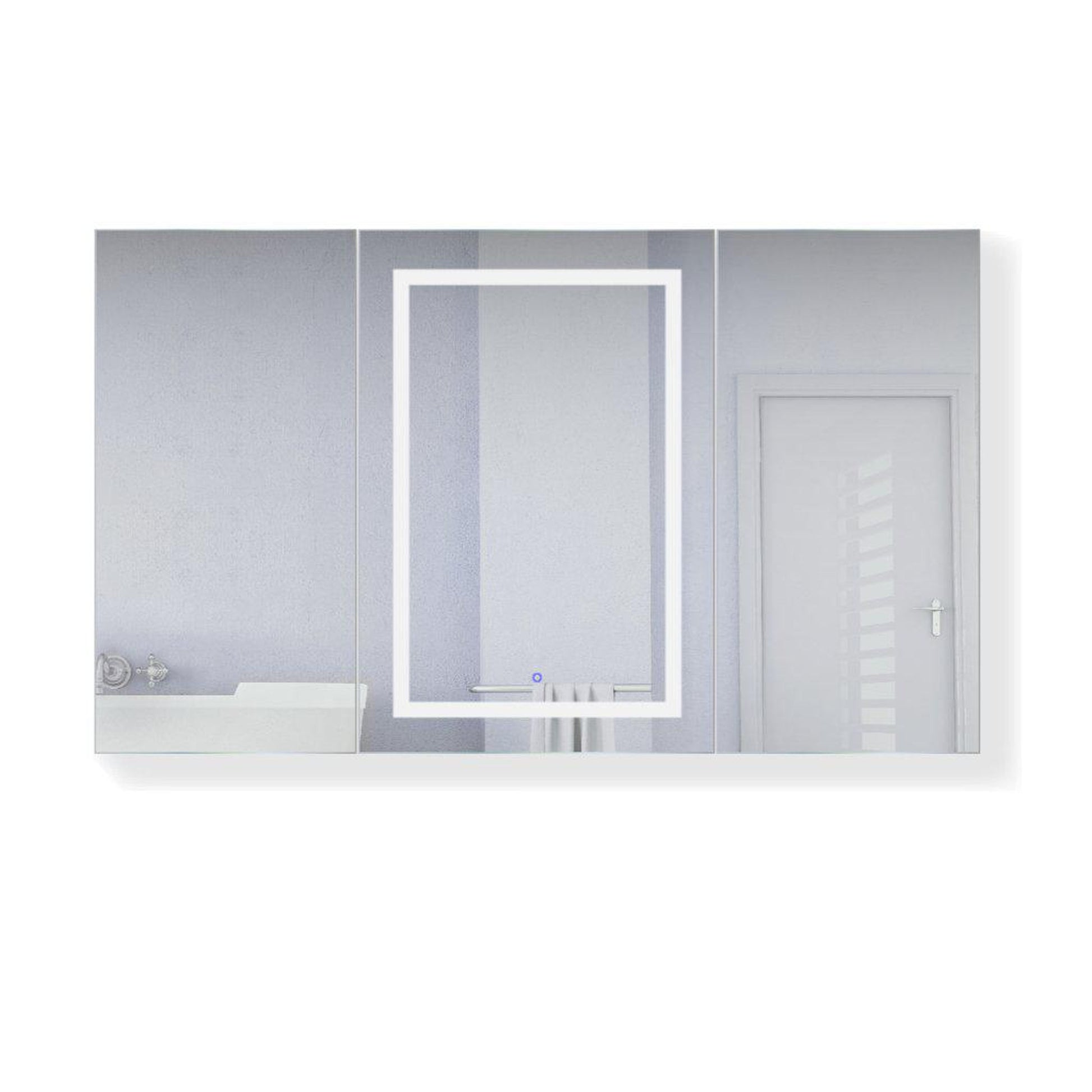 Krugg Reflections Svange 60" x 36" 5000K Single Tri-View Left-Left-Right Opening Recessed/Surface-Mount Illuminated Silver Backed LED Medicine Cabinet Mirror With Built-in Defogger, Dimmer and Electrical Outlet