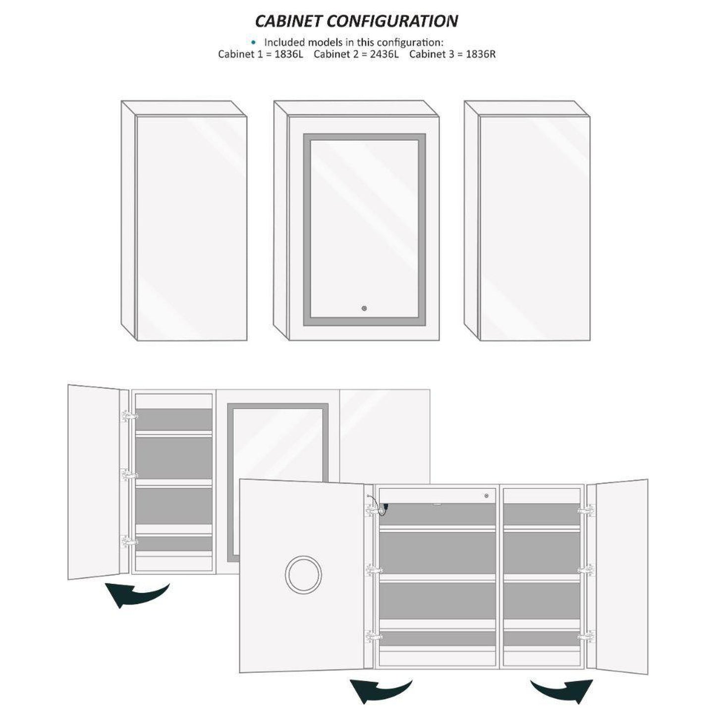 Krugg Reflections Svange 60" x 36" 5000K Single Tri-View Left-Left-Right Opening Recessed/Surface-Mount Illuminated Silver Backed LED Medicine Cabinet Mirror With Built-in Defogger, Dimmer and Electrical Outlet