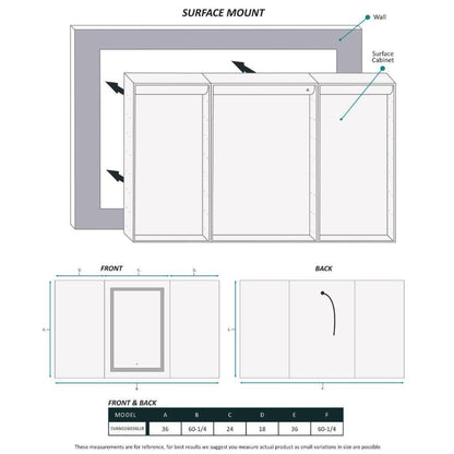 Krugg Reflections Svange 60" x 36" 5000K Single Tri-View Left-Left-Right Opening Recessed/Surface-Mount Illuminated Silver Backed LED Medicine Cabinet Mirror With Built-in Defogger, Dimmer and Electrical Outlet