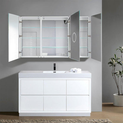 Krugg Reflections Svange 60" x 36" 5000K Single Tri-View Left-Right-Right Opening Recessed/Surface-Mount Illuminated Silver Backed LED Medicine Cabinet Mirror With Built-in Defogger, Dimmer and Electrical Outlet