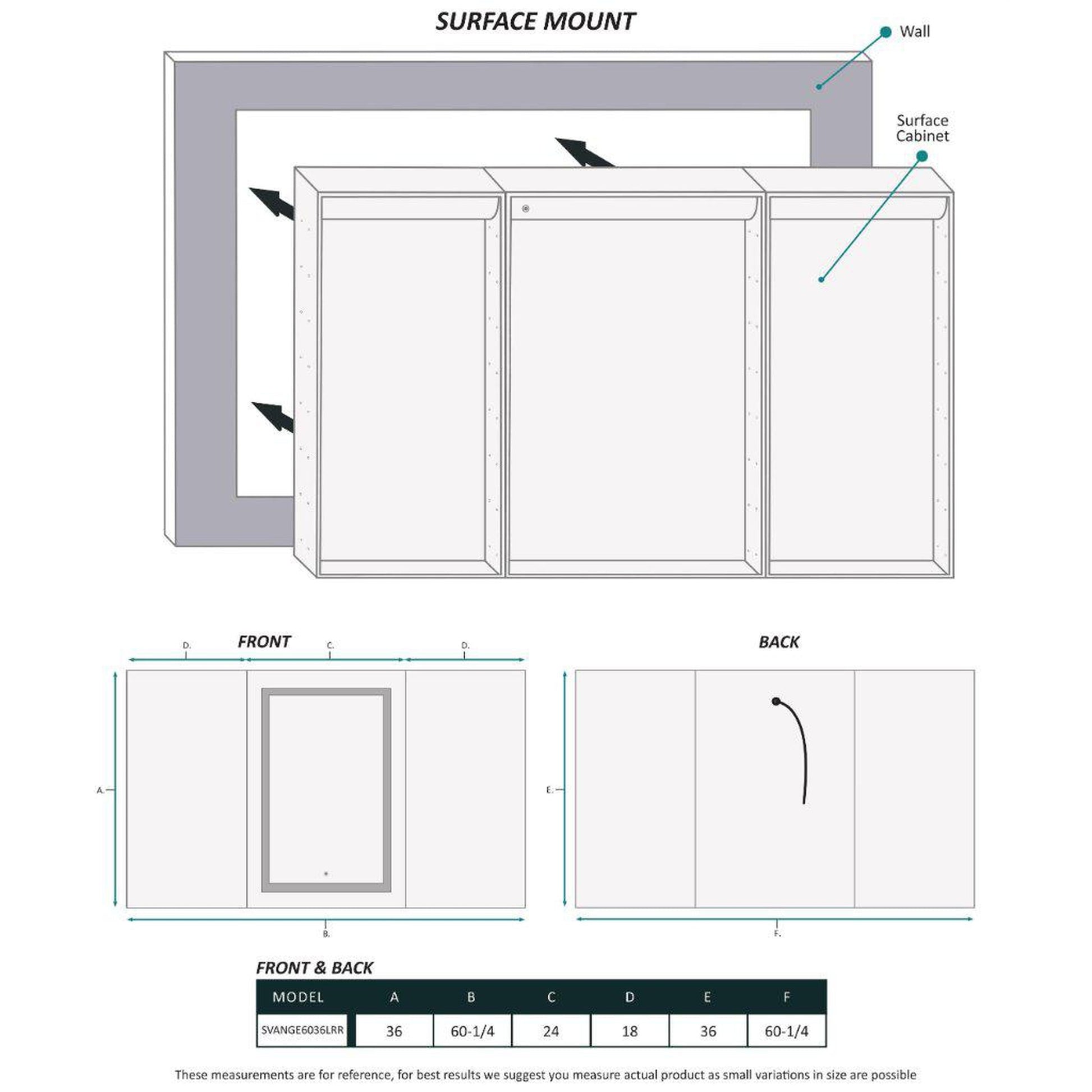 Krugg Reflections Svange 60" x 36" 5000K Single Tri-View Left-Right-Right Opening Recessed/Surface-Mount Illuminated Silver Backed LED Medicine Cabinet Mirror With Built-in Defogger, Dimmer and Electrical Outlet