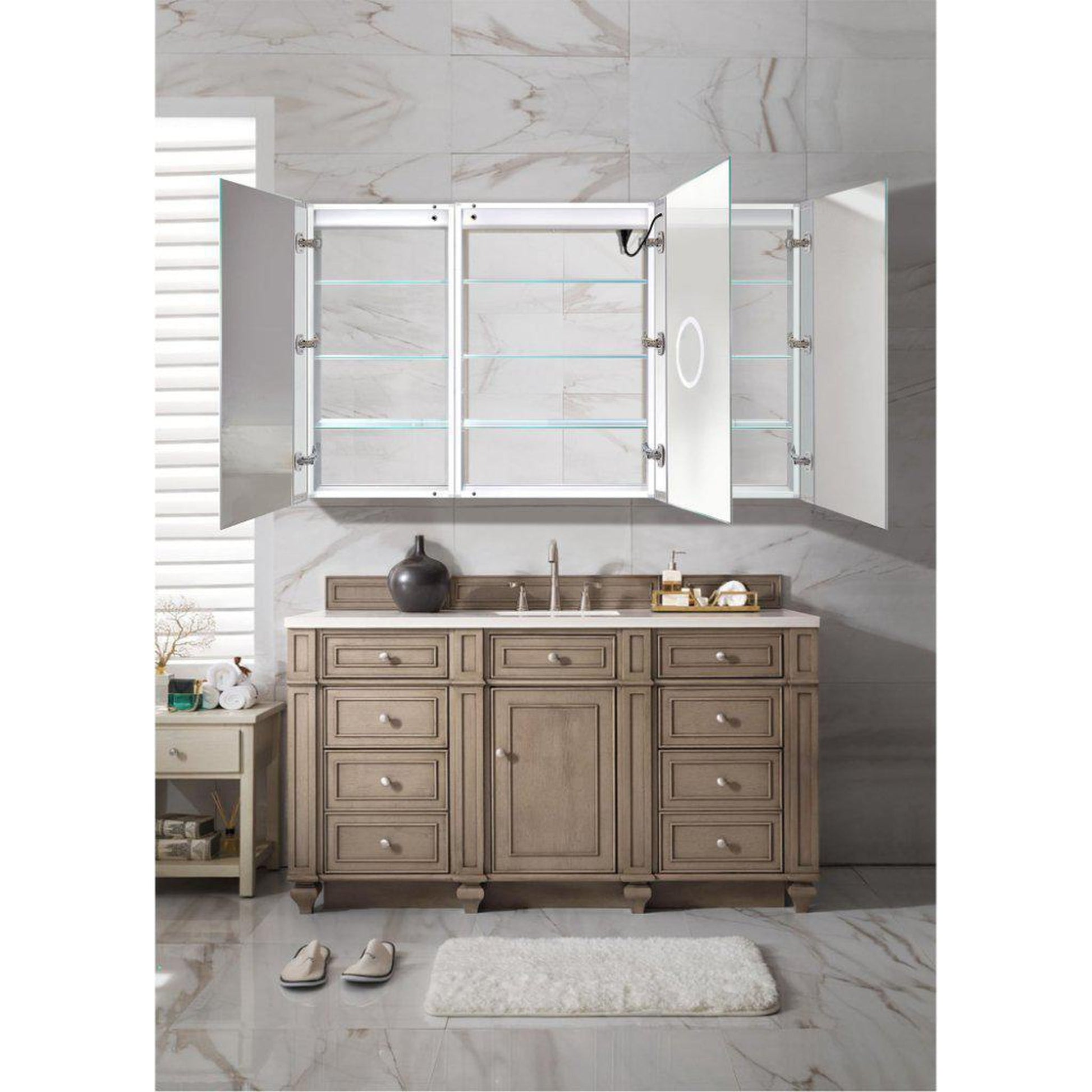 Krugg Reflections Svange 60" x 36" 5000K Single Tri-View Left-Right-Right Opening Recessed/Surface-Mount Illuminated Silver Backed LED Medicine Cabinet Mirror With Built-in Defogger, Dimmer and Electrical Outlet