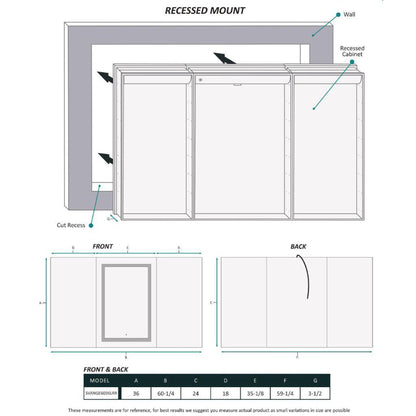 Krugg Reflections Svange 60" x 36" 5000K Single Tri-View Left-Right-Right Opening Recessed/Surface-Mount Illuminated Silver Backed LED Medicine Cabinet Mirror With Built-in Defogger, Dimmer and Electrical Outlet