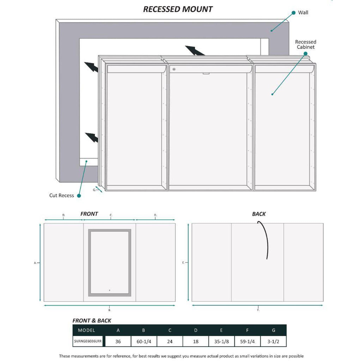 Krugg Reflections Svange 60" x 36" 5000K Single Tri-View Left-Right-Right Opening Recessed/Surface-Mount Illuminated Silver Backed LED Medicine Cabinet Mirror With Built-in Defogger, Dimmer and Electrical Outlet