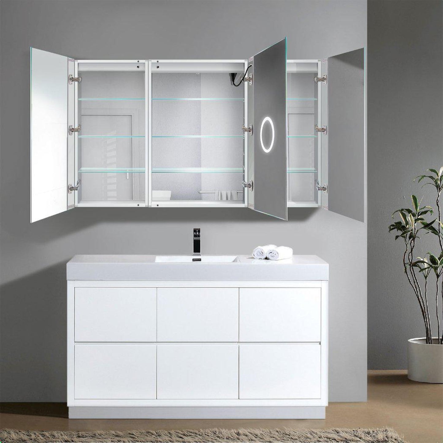 Krugg Reflections Svange 60" x 36" 5000K Single Tri-View Left-Right-Right Opening Recessed/Surface-Mount Illuminated Silver Backed LED Medicine Cabinet Mirror With Built-in Defogger, Dimmer and Electrical Outlet