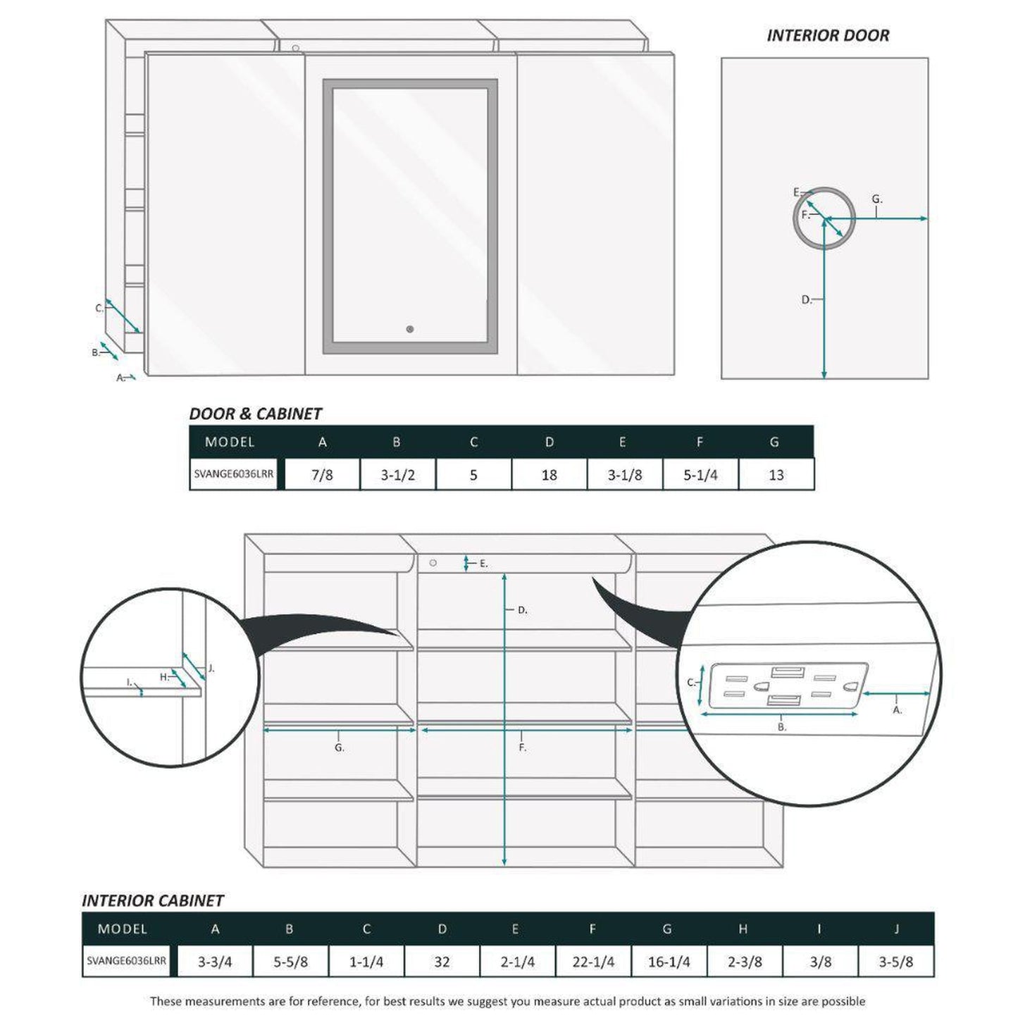 Krugg Reflections Svange 60" x 36" 5000K Single Tri-View Left-Right-Right Opening Recessed/Surface-Mount Illuminated Silver Backed LED Medicine Cabinet Mirror With Built-in Defogger, Dimmer and Electrical Outlet