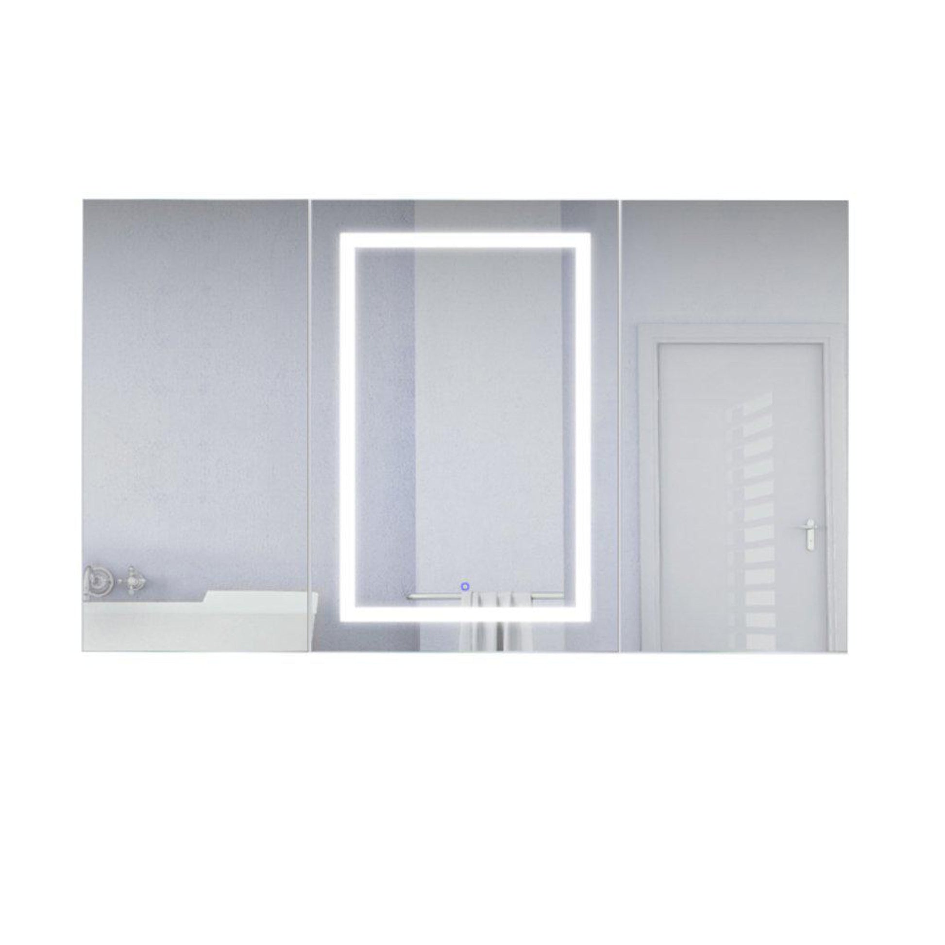 Krugg Reflections Svange 60" x 36" 5000K Single Tri-View Left-Right-Right Opening Recessed/Surface-Mount Illuminated Silver Backed LED Medicine Cabinet Mirror With Built-in Defogger, Dimmer and Electrical Outlet